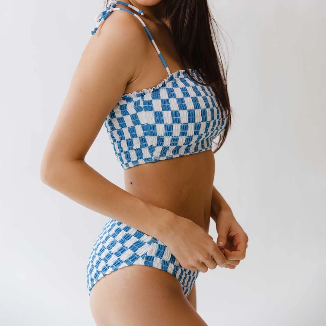 Smocked Swim Crop, Blue Checkers 6 Smocked Swim Crop, Blue Checkers - Image 6