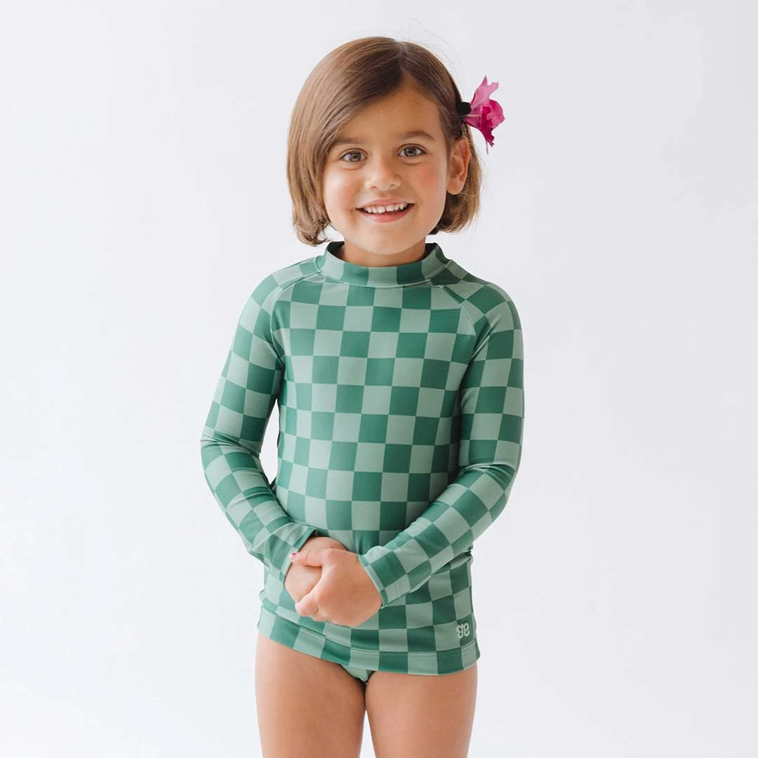 Mini Rash Guard And Shorts Set, Green Check 6 Mini Rash Guard And Shorts Set, Green Check - Image 6