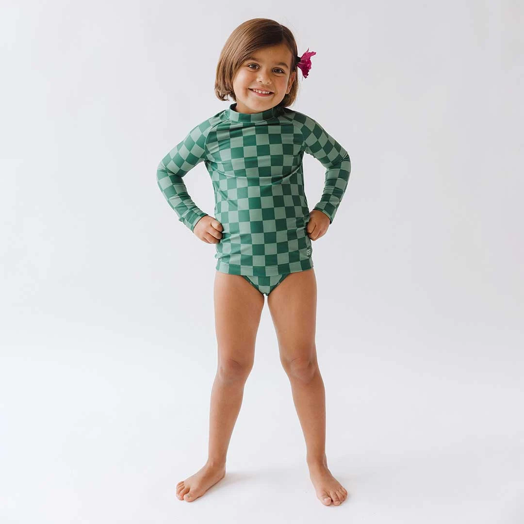Mini Rash Guard And Shorts Set, Green Check 7 Mini Rash Guard And Shorts Set, Green Check - Image 7