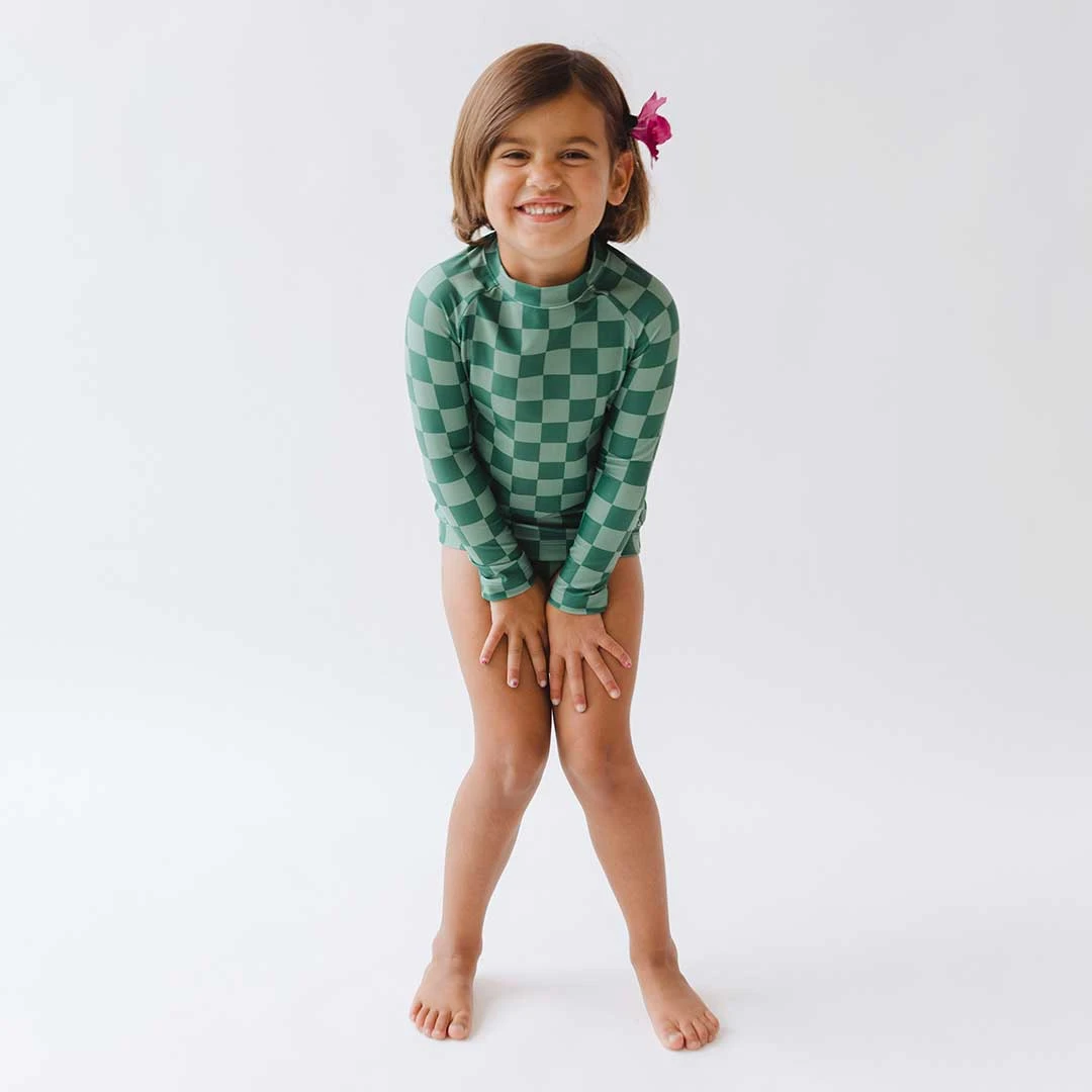 Mini Rash Guard And Shorts Set, Green Check 8 Mini Rash Guard And Shorts Set, Green Check - Image 8