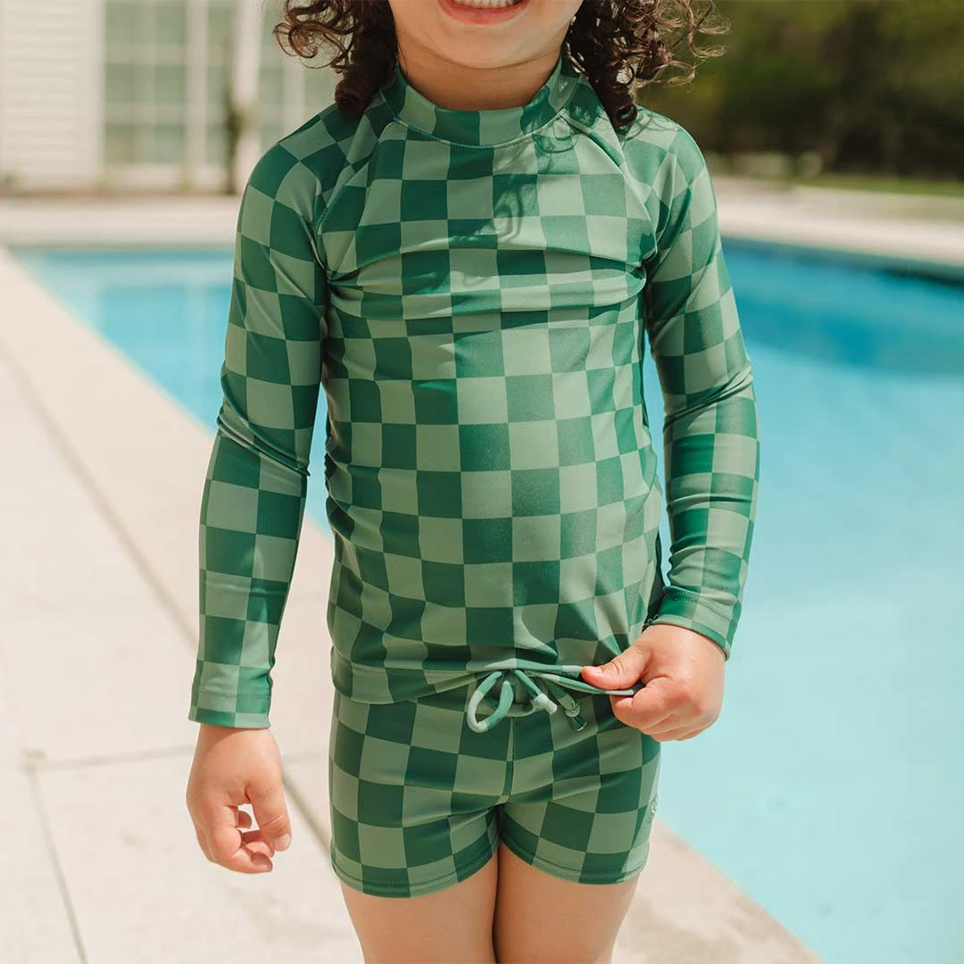 Mini Rash Guard And Shorts Set, Green Check 2 Mini Rash Guard And Shorts Set, Green Check - Image 2