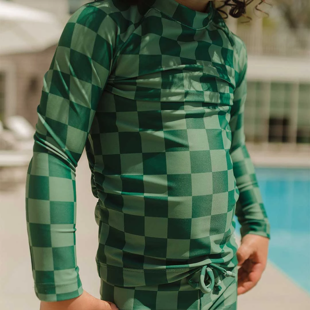 Mini Rash Guard And Shorts Set, Green Check 4 Mini Rash Guard And Shorts Set, Green Check - Image 4