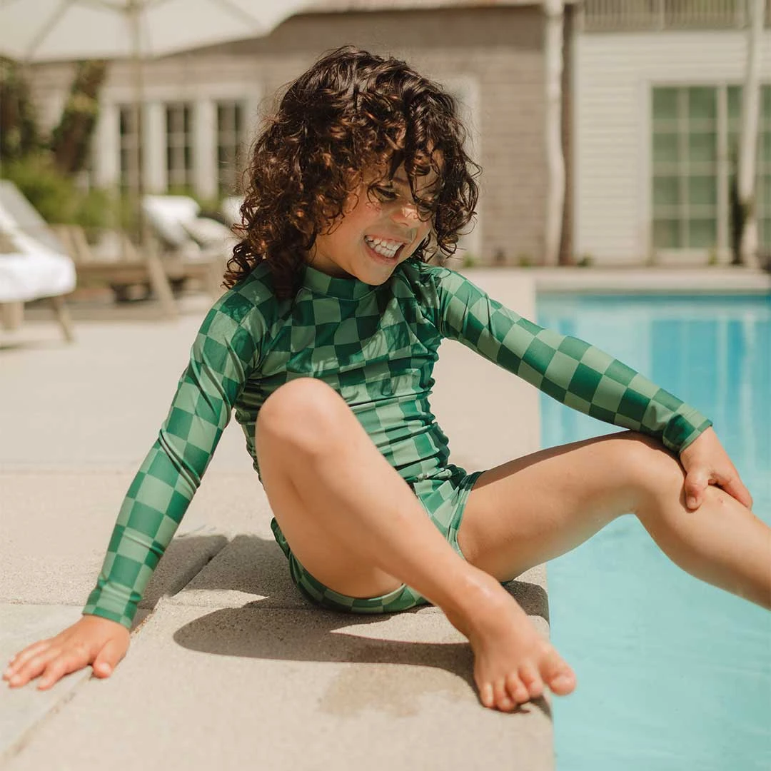 Mini Rash Guard And Shorts Set, Green Check 12 Mini Rash Guard And Shorts Set, Green Check - Image 12