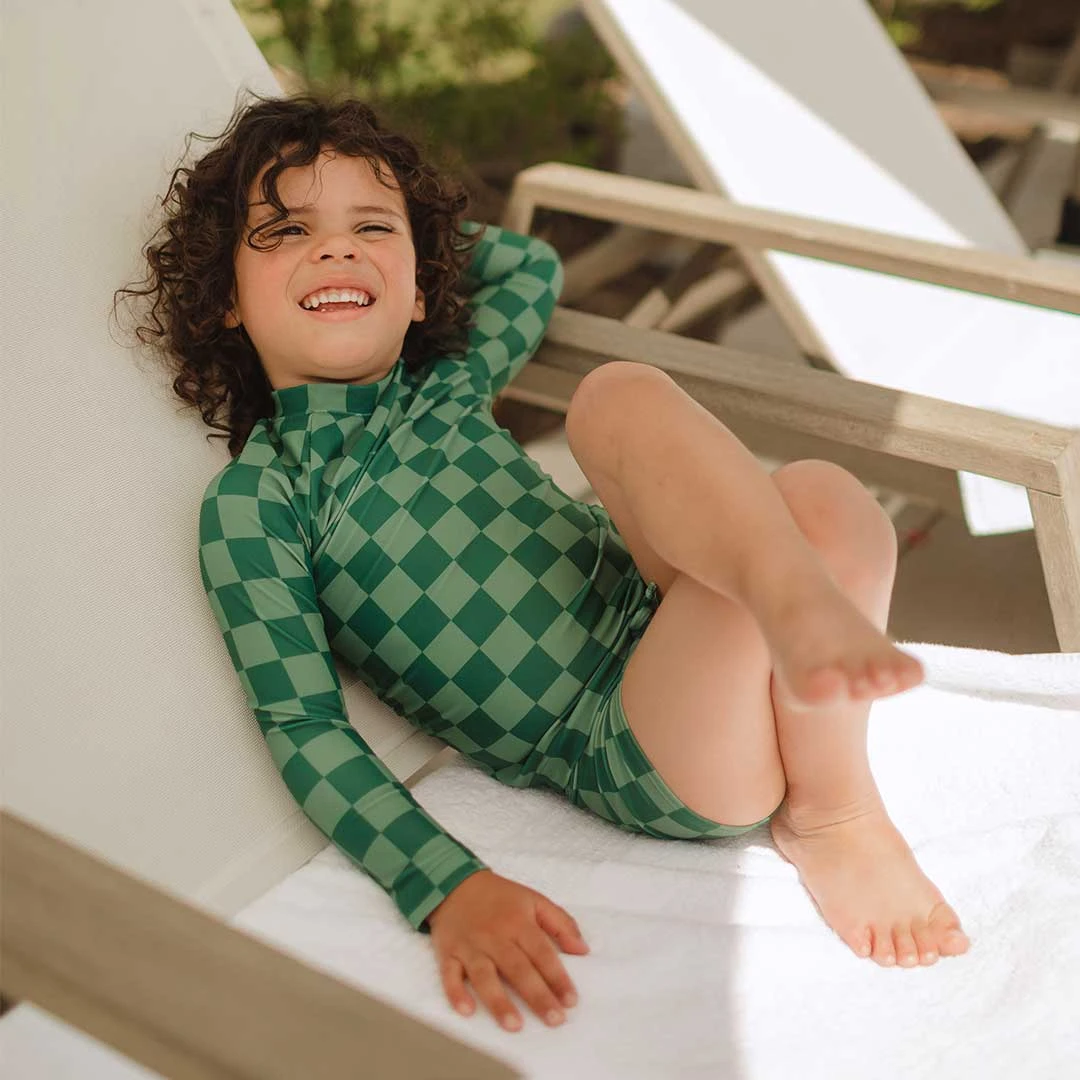 Mini Rash Guard And Shorts Set, Green Check 3 Mini Rash Guard And Shorts Set, Green Check - Image 3