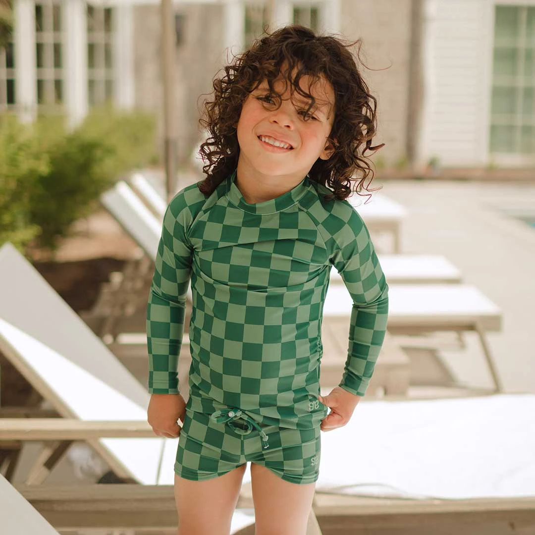 Mini Rash Guard And Shorts Set, Green Check 1 Mini Rash Guard And Shorts Set, Green Check