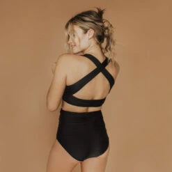 Matte Black Ruched High-Waisted Bottoms 6 Matte Black Ruched High-Waisted Bottoms -Swimwear Specialty Shop BlackRuched Web2