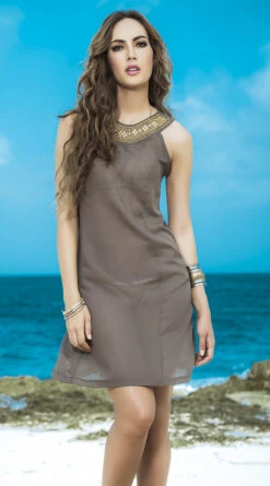 Sheer Glitter Top Beach Dress -Swimwear Specialty Shop ES 7824 Mocha Front background
